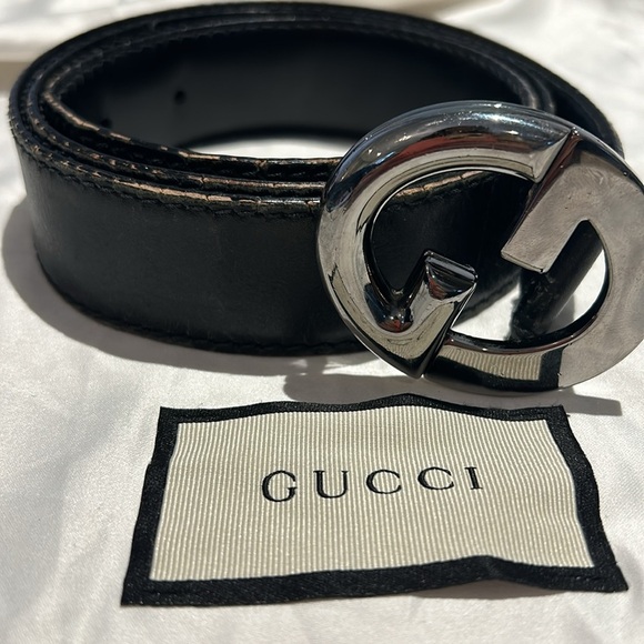 GUCCI black leather belt interlocking G buckle Mens 40” - Picture 1 of 7